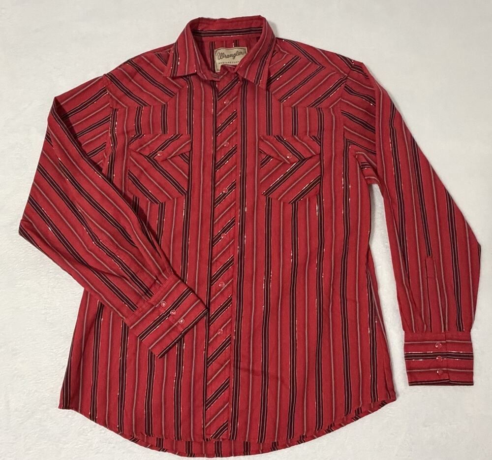 Wrangler Pearl Snap Striped Long Sleeve Button Down Red Western Shirt Mens Large